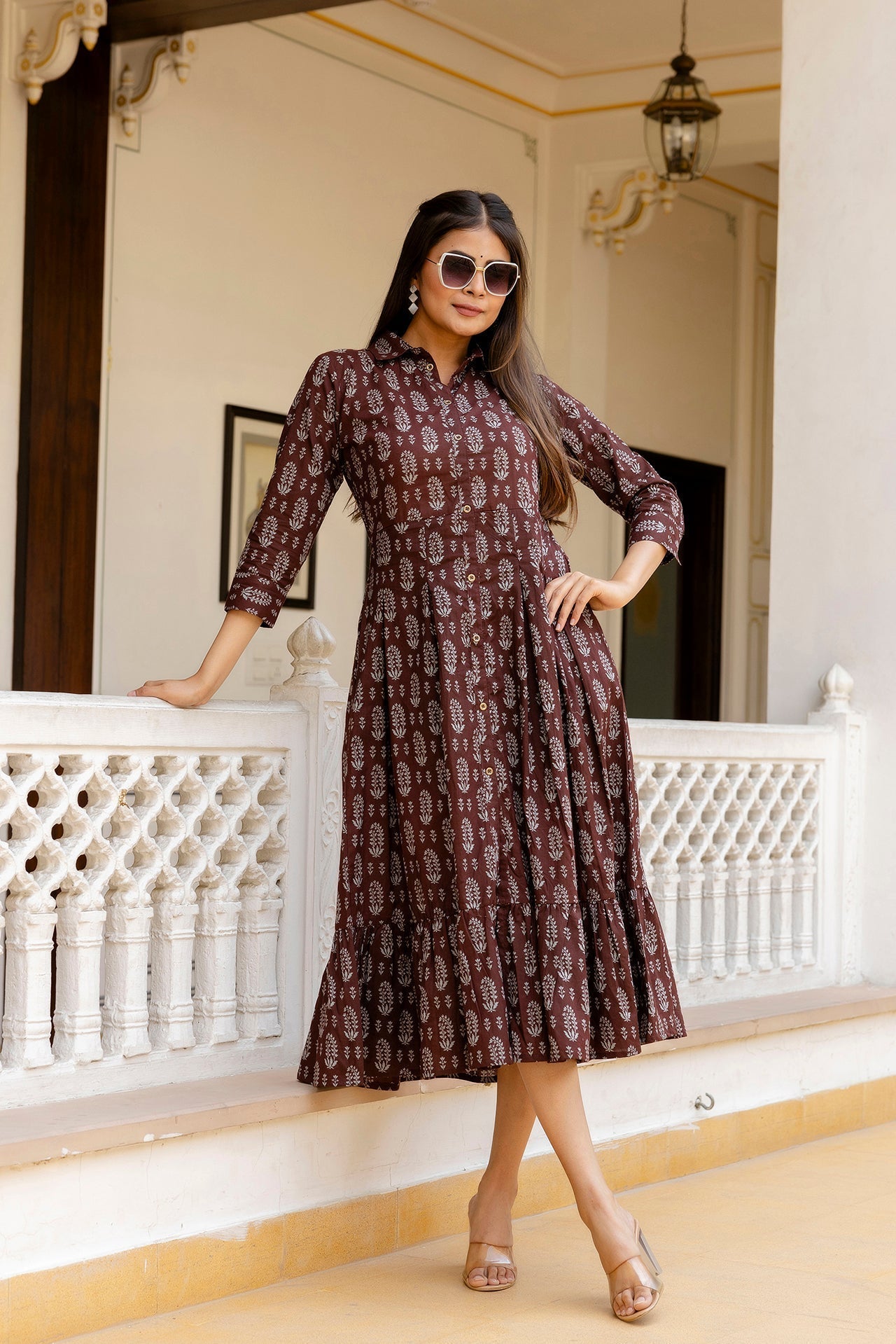 Women Brown Ethnic Printed Flared Dress | LASVINI - Redefining Indian Fashion with Elegance