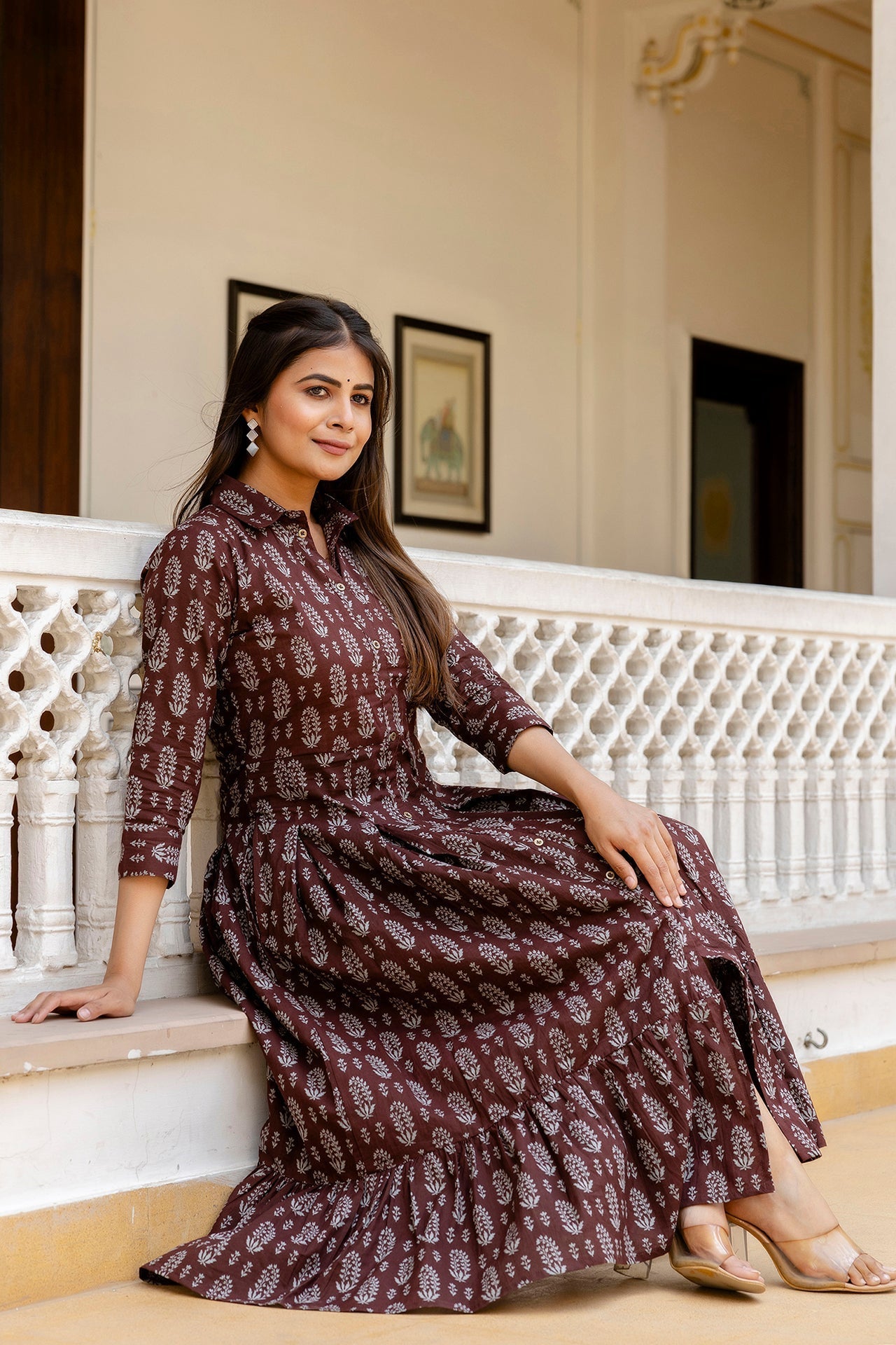 Women Brown Ethnic Printed Flared Dress | LASVINI - Redefining Indian Fashion with Elegance