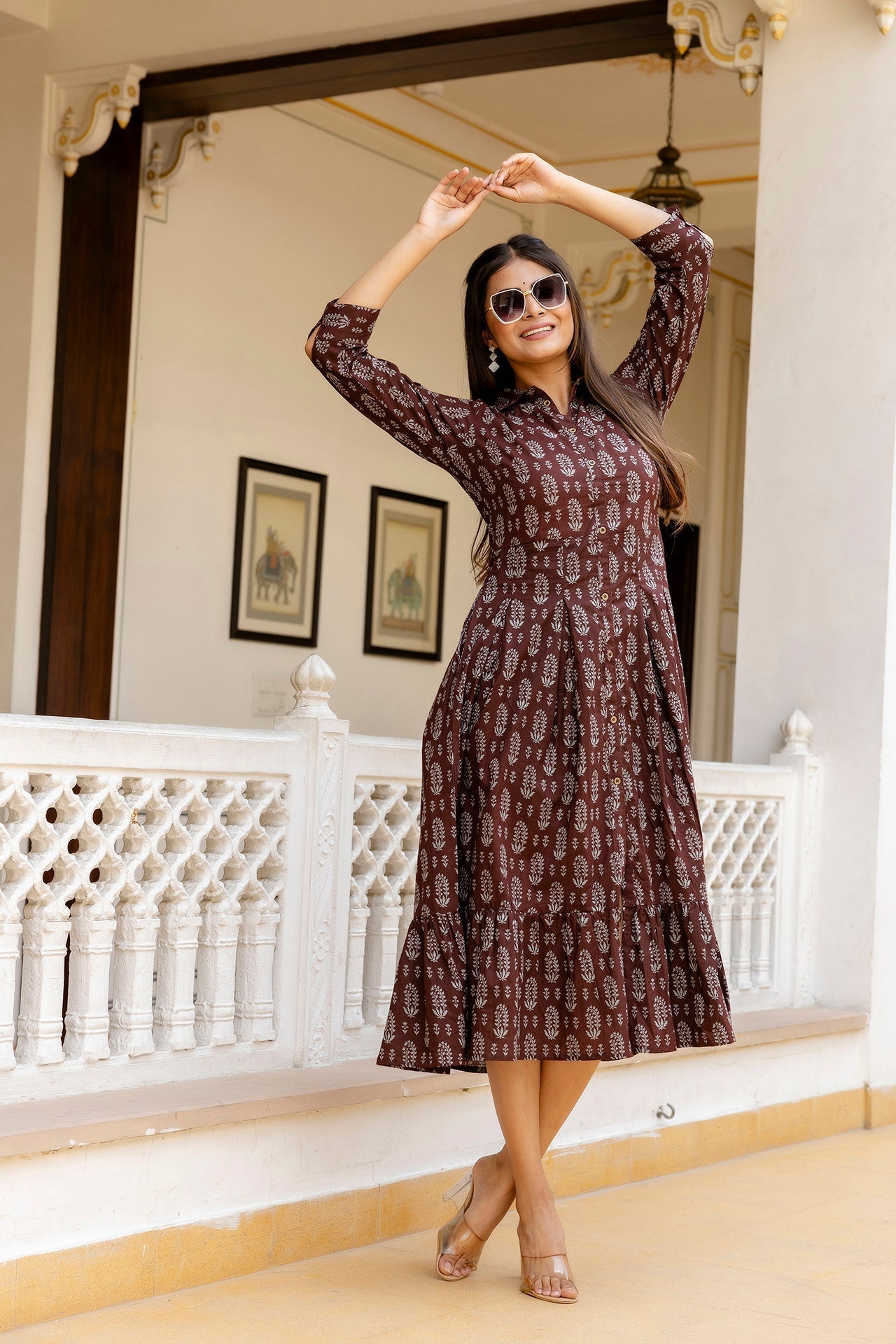 Women Brown Ethnic Printed Flared Dress | LASVINI - Redefining Indian Fashion with Elegance