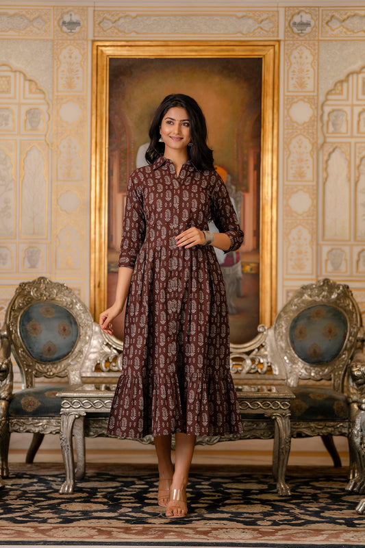 Women Brown Ethnic Printed Flared Dress | LASVINI - Redefining Indian Fashion with Elegance
