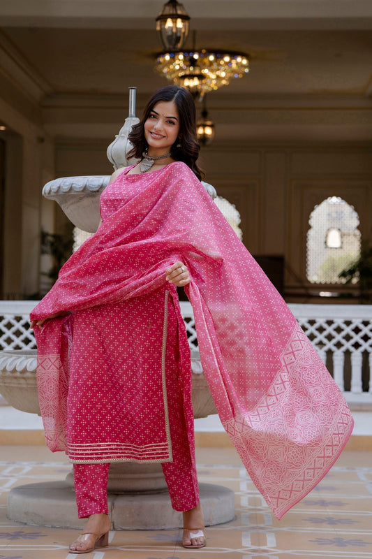 Women Pink Printed Straight Kurta With Trouser And Dupatta | LASVINI - Redefining Indian Fashion with Elegance
