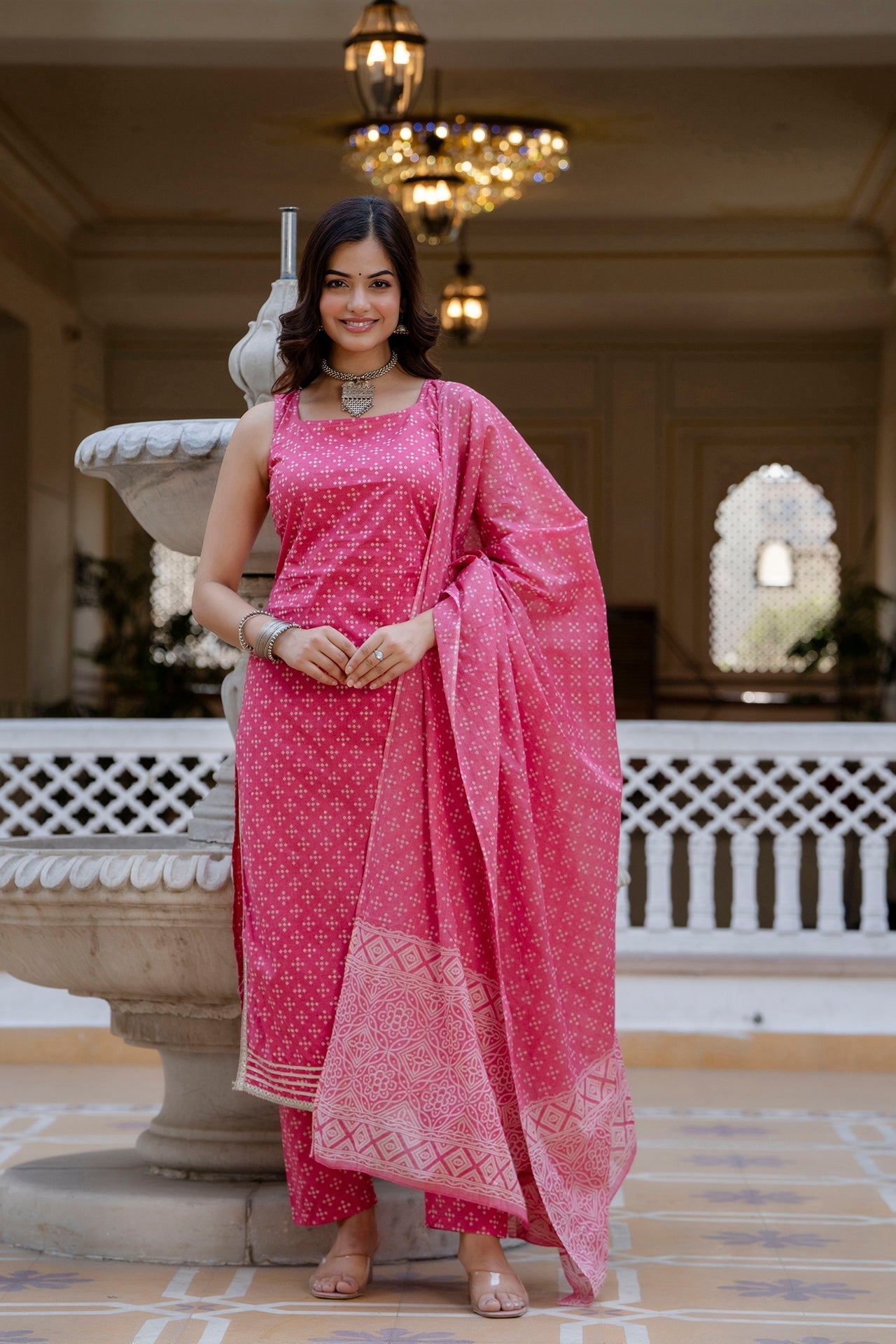 Women Pink Printed Straight Kurta With Trouser And Dupatta | LASVINI - Redefining Indian Fashion with Elegance