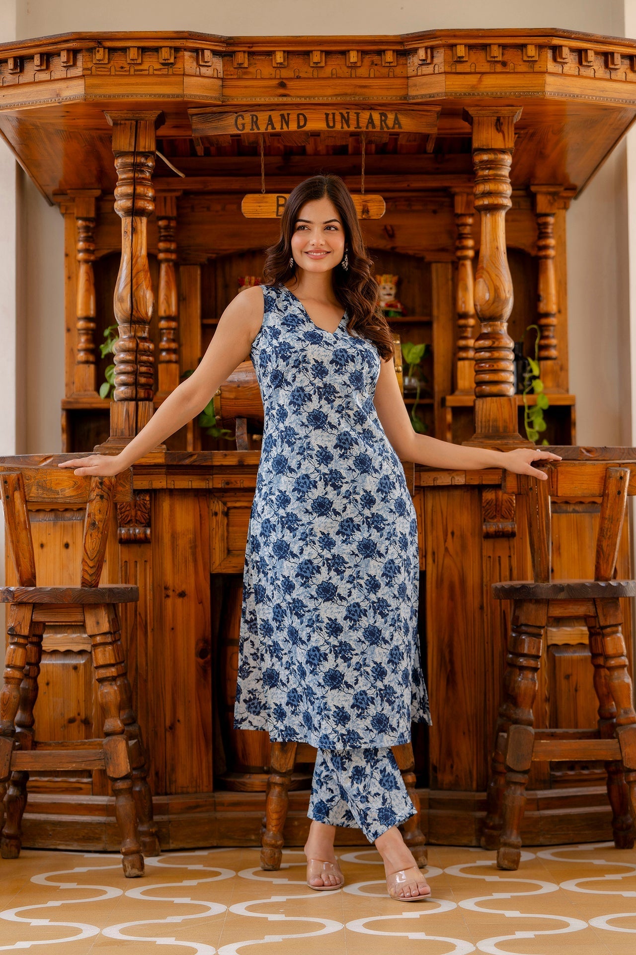 Women Blue Printed Straight Kurta With Trouser | LASVINI - Redefining Indian Fashion with Elegance
