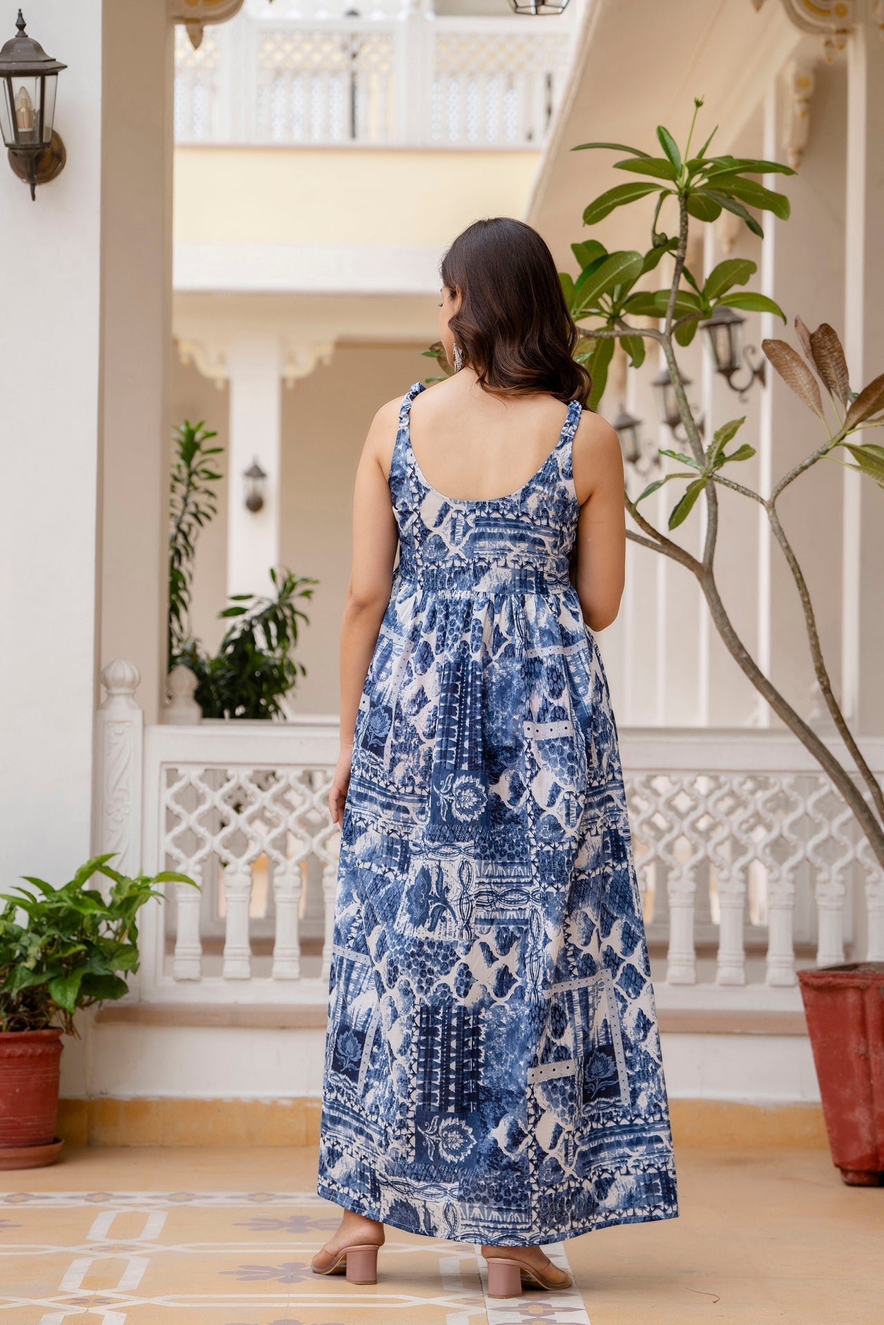 Women Blue Printed Flared Dress | LASVINI - Redefining Indian Fashion with Elegance