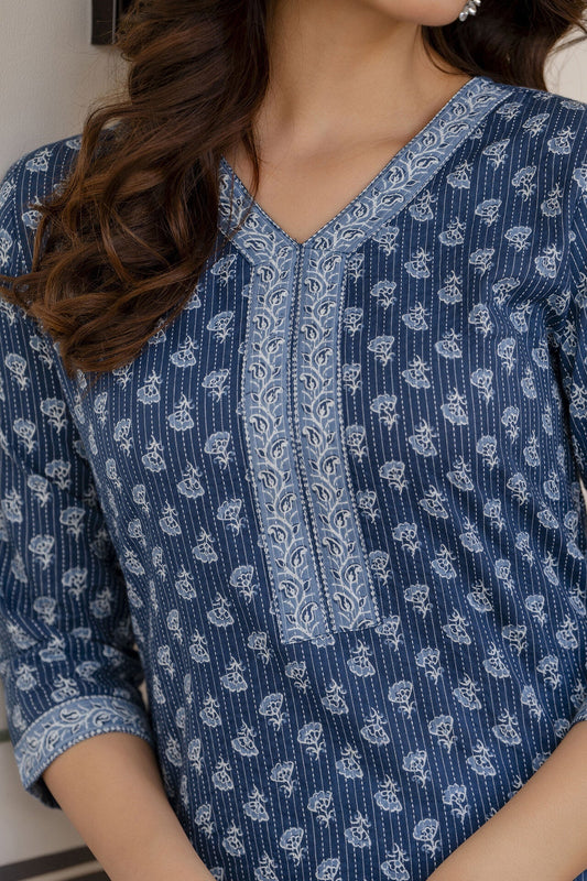 Women Blue Printed Straight Kurta With Three Quarter Sleeves | LASVINI - Redefining Indian Fashion with Elegance