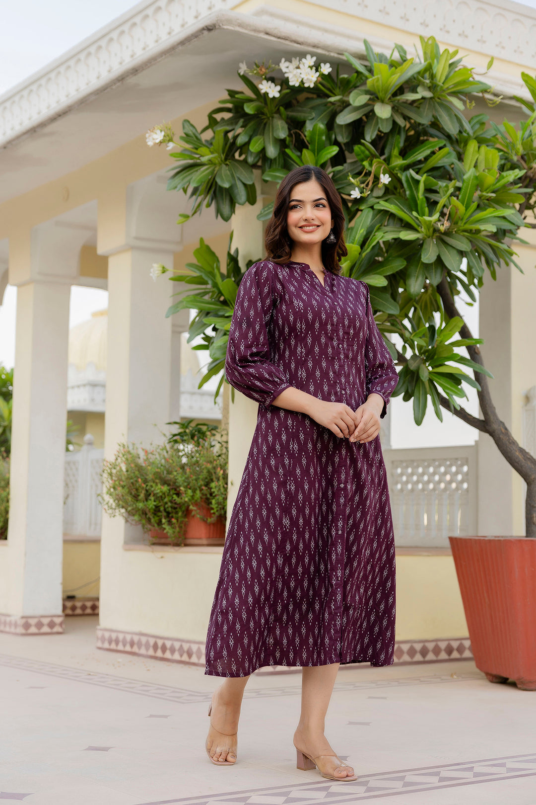 Women Purple Ethnic Printed Flared Dress | LASVINI - Redefining Indian Fashion with Elegance