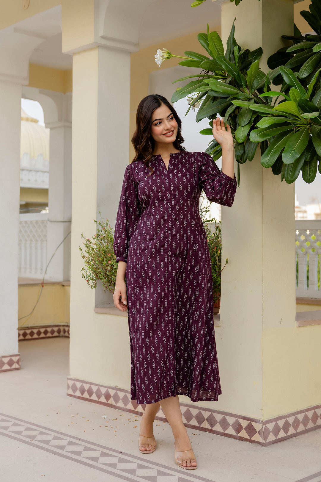 Women Purple Ethnic Printed Flared Dress | LASVINI - Redefining Indian Fashion with Elegance