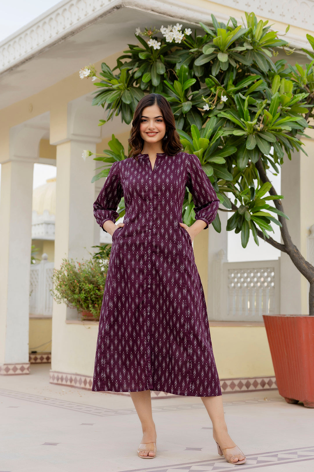 Women Purple Ethnic Printed Flared Dress | LASVINI - Redefining Indian Fashion with Elegance