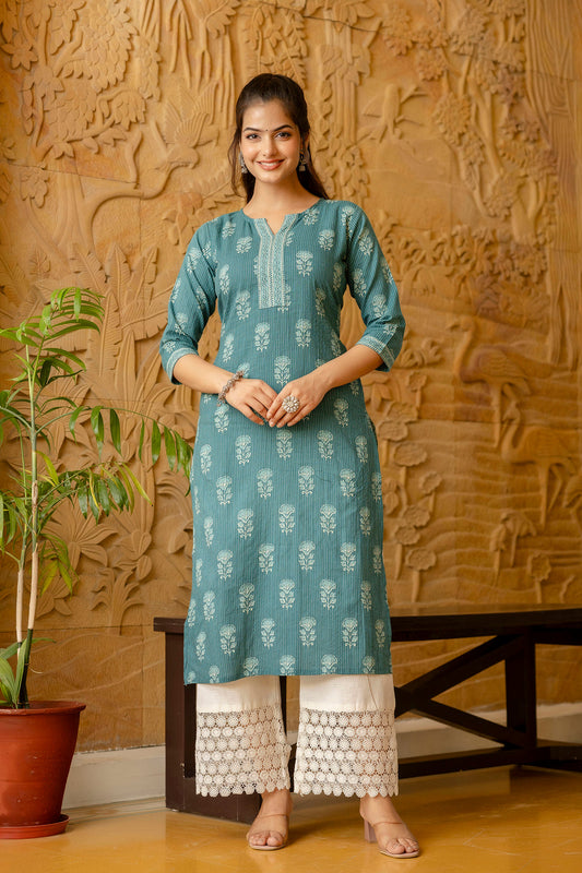 Women Turquoise Blue Printed Straight Kurta | LASVINI - Redefining Indian Fashion with Elegance