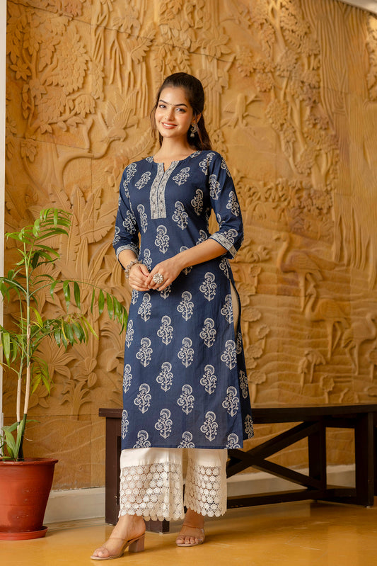 Women Blue Ethnic Printed Straight Kurta With Three Quarter Sleeves | LASVINI - Redefining Indian Fashion with Elegance