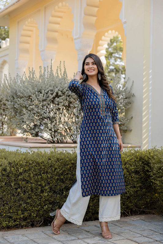 Women Blue Printed Straight Kurta With Three Quarter Sleeves | LASVINI - Redefining Indian Fashion with Elegance