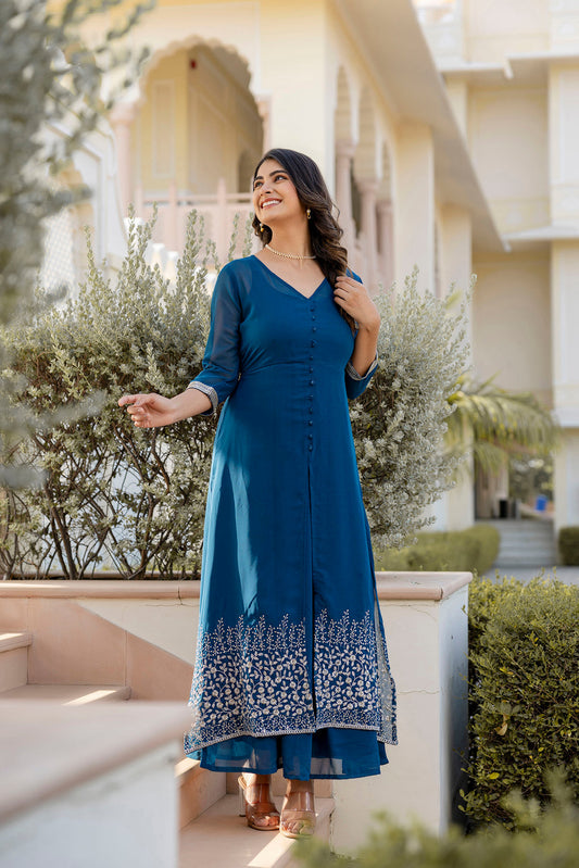 Women Teal Embroidered Flared Dress With Jacket | LASVINI - Redefining Indian Fashion with Elegance