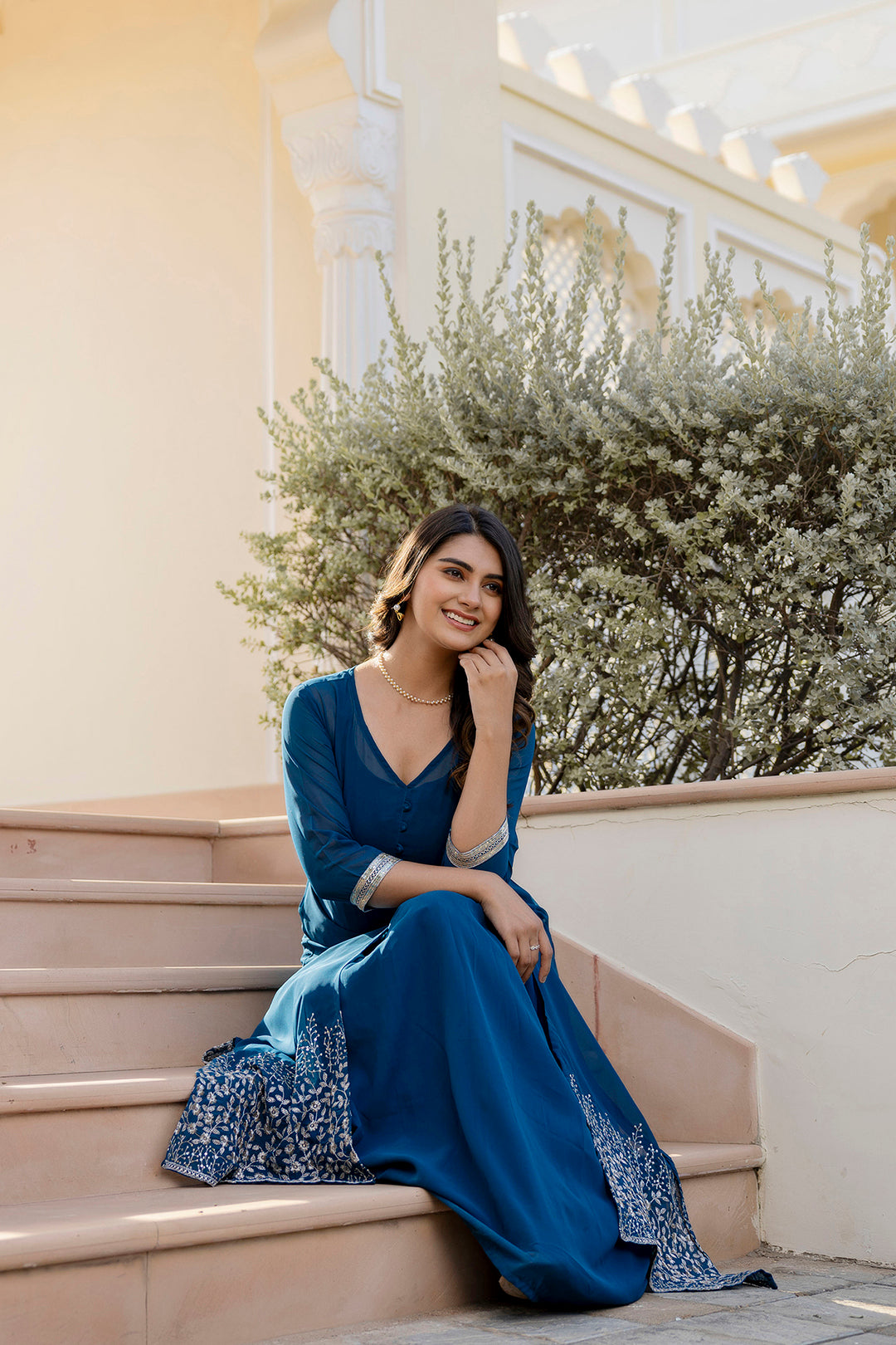 Women Teal Embroidered Flared Dress With Jacket | LASVINI - Redefining Indian Fashion with Elegance