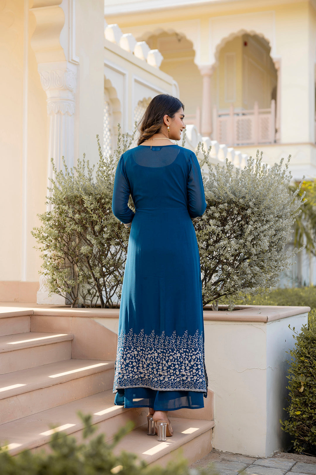 Women Teal Embroidered Flared Dress With Jacket | LASVINI - Redefining Indian Fashion with Elegance