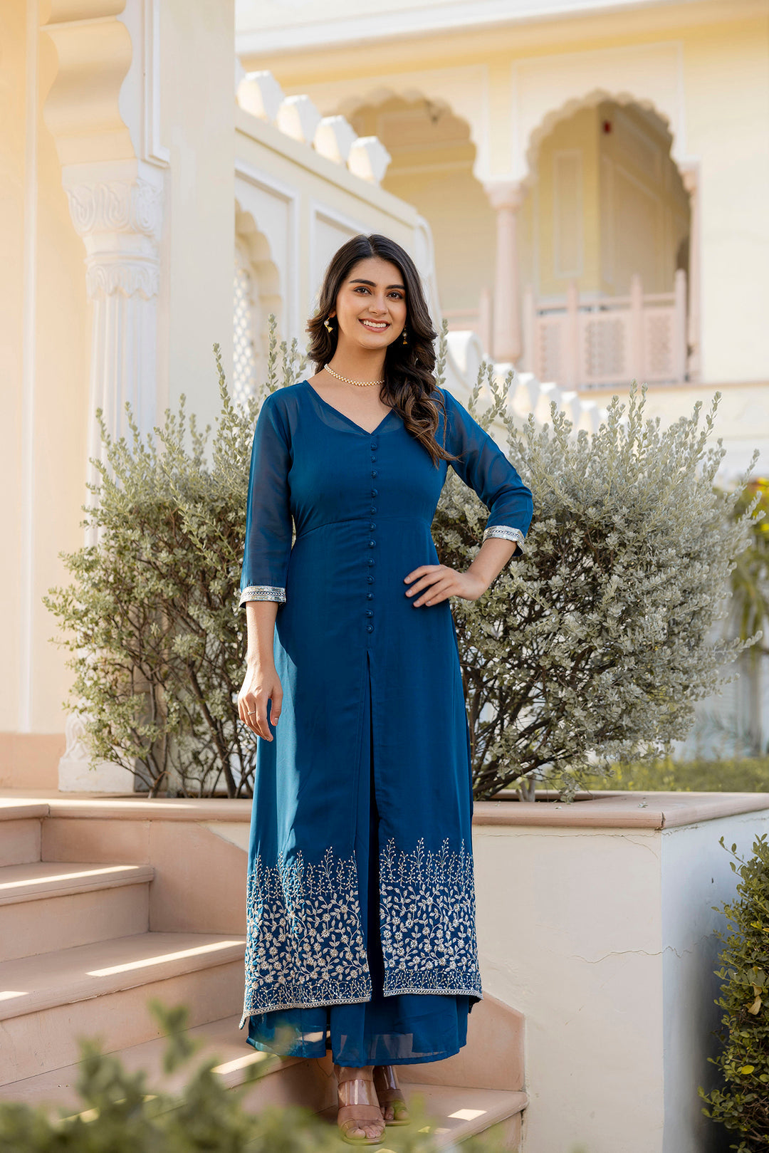 Women Teal Embroidered Flared Dress With Jacket | LASVINI - Redefining Indian Fashion with Elegance