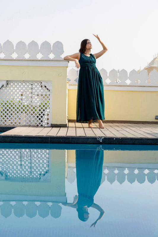 Women Teal Sleeveless Georgette Western Dress | LASVINI - Redefining Indian Fashion with Elegance