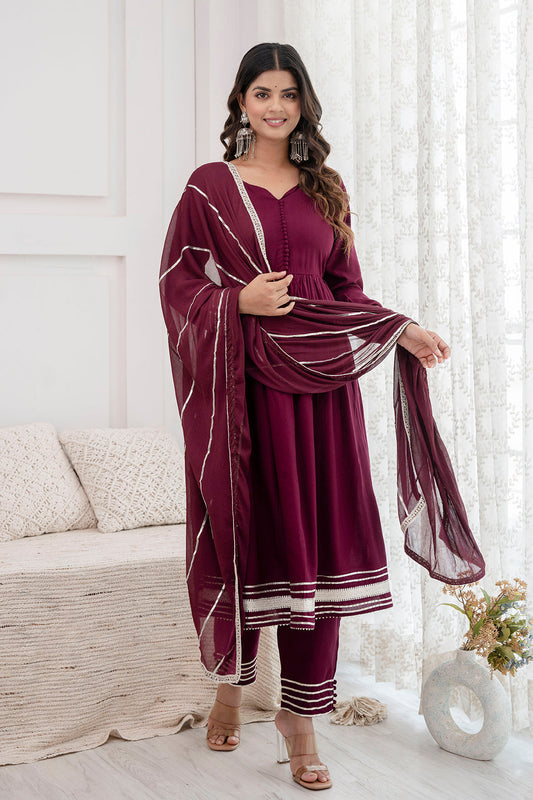 Women Burgundy Anarkali Kurta And Trouser With Dupatta | LASVINI - Redefining Indian Fashion with Elegance