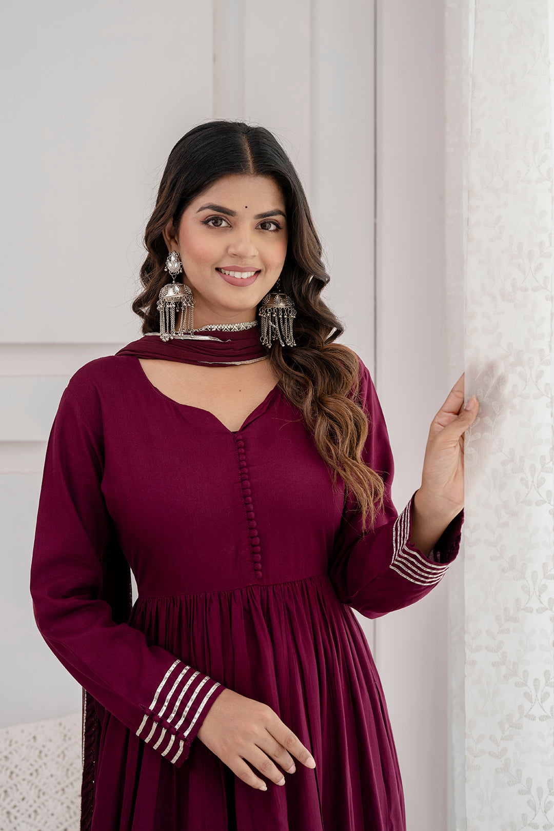 Women Burgundy Anarkali Kurta And Trouser With Dupatta | LASVINI - Redefining Indian Fashion with Elegance