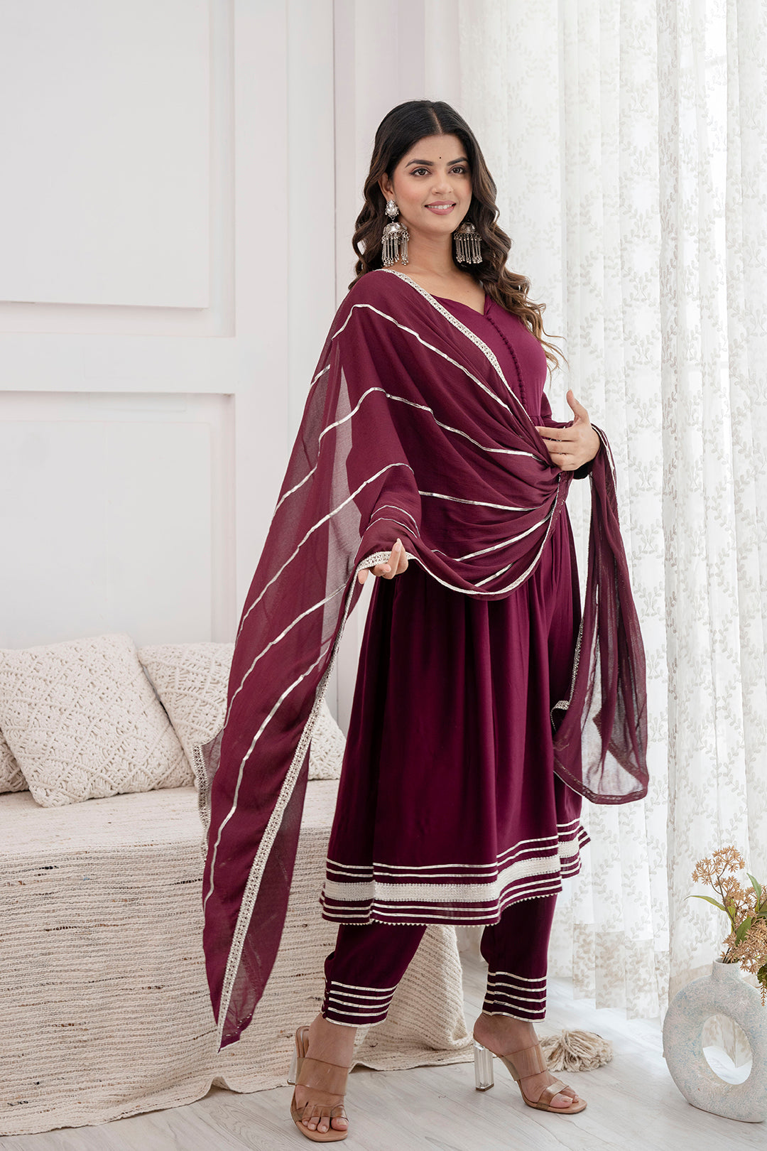Women Burgundy Anarkali Kurta And Trouser With Dupatta | LASVINI - Redefining Indian Fashion with Elegance