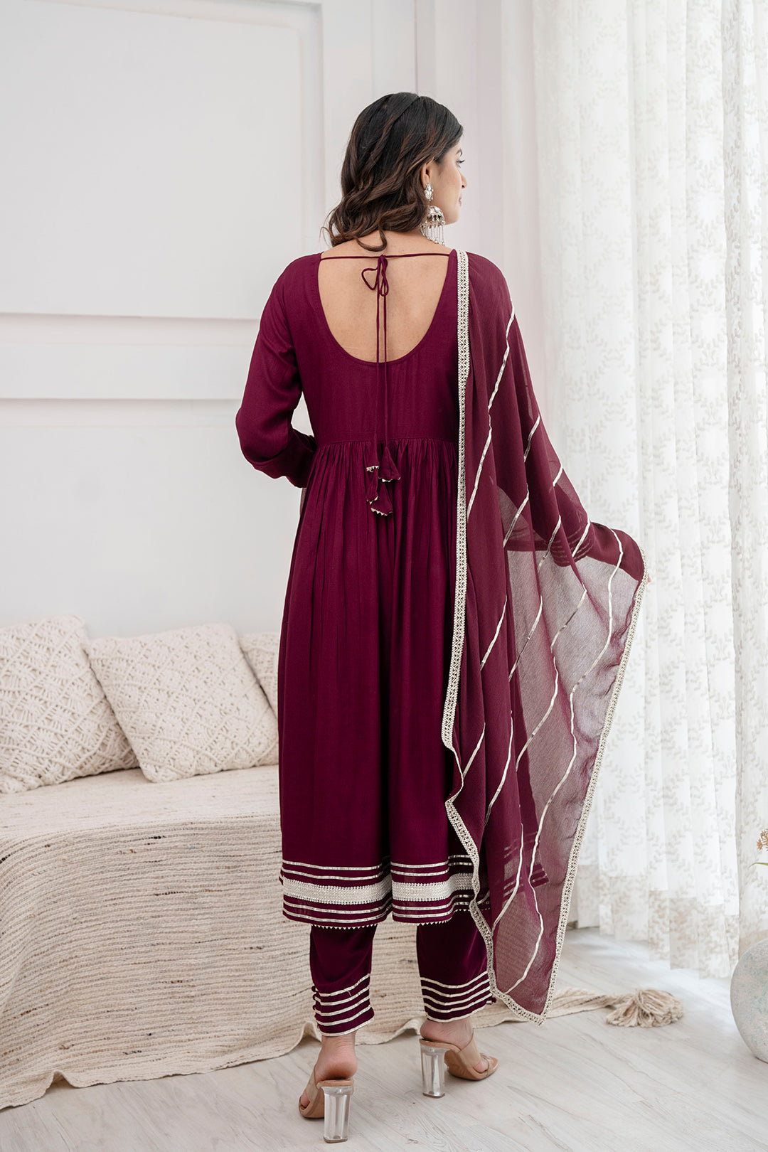 Women Burgundy Anarkali Kurta And Trouser With Dupatta | LASVINI - Redefining Indian Fashion with Elegance