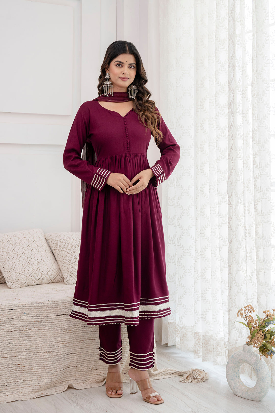 Women Burgundy Anarkali Kurta And Trouser With Dupatta | LASVINI - Redefining Indian Fashion with Elegance