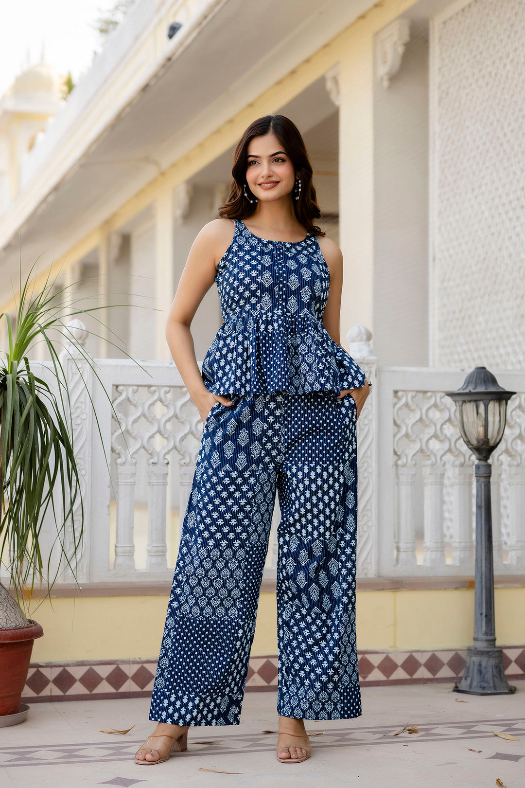 Women Navy Blue Printed Co-Ord Set | LASVINI - Redefining Indian Fashion with Elegance