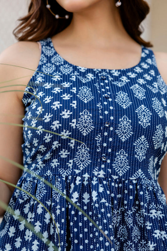 Women Navy Blue Printed Co-Ord Set | LASVINI - Redefining Indian Fashion with Elegance