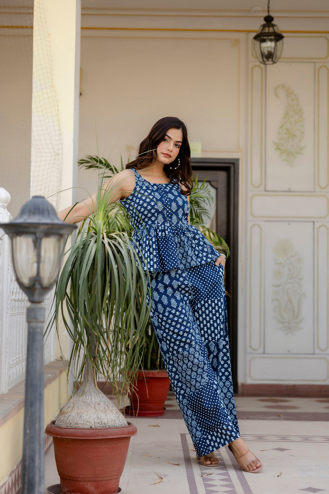 Women Navy Blue Printed Co-Ord Set | LASVINI - Redefining Indian Fashion with Elegance