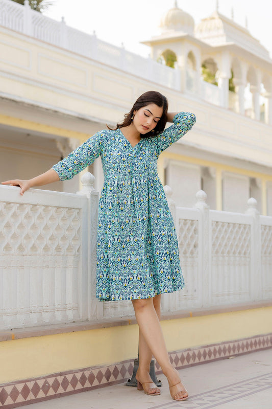 Women Green Printed Flared Dress | LASVINI - Redefining Indian Fashion with Elegance