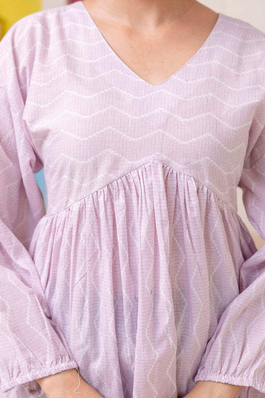 Women Pink Zig Zag Print V-Neck Peplum Tunic | LASVINI - Redefining Indian Fashion with Elegance