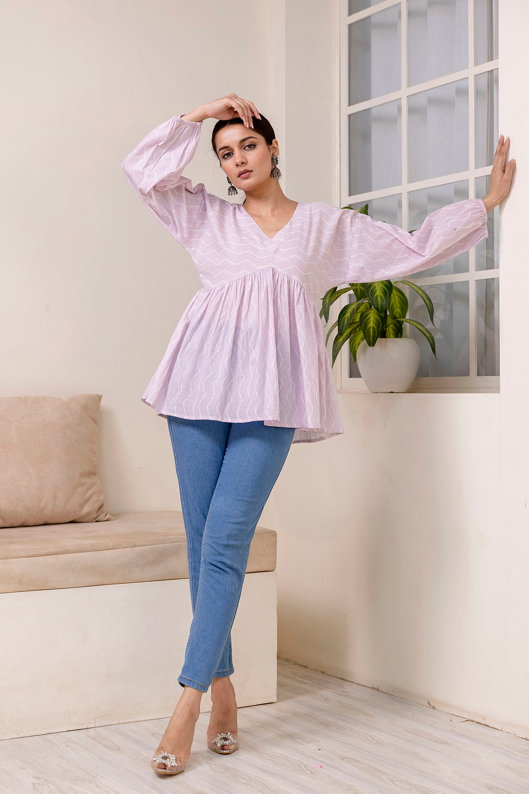 Women Pink Zig Zag Print V-Neck Peplum Tunic | LASVINI - Redefining Indian Fashion with Elegance