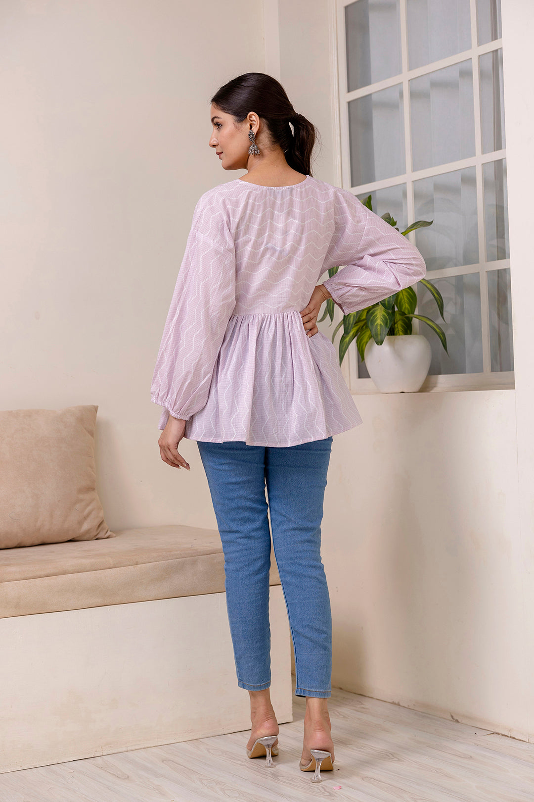 Women Pink Zig Zag Print V-Neck Peplum Tunic | LASVINI - Redefining Indian Fashion with Elegance