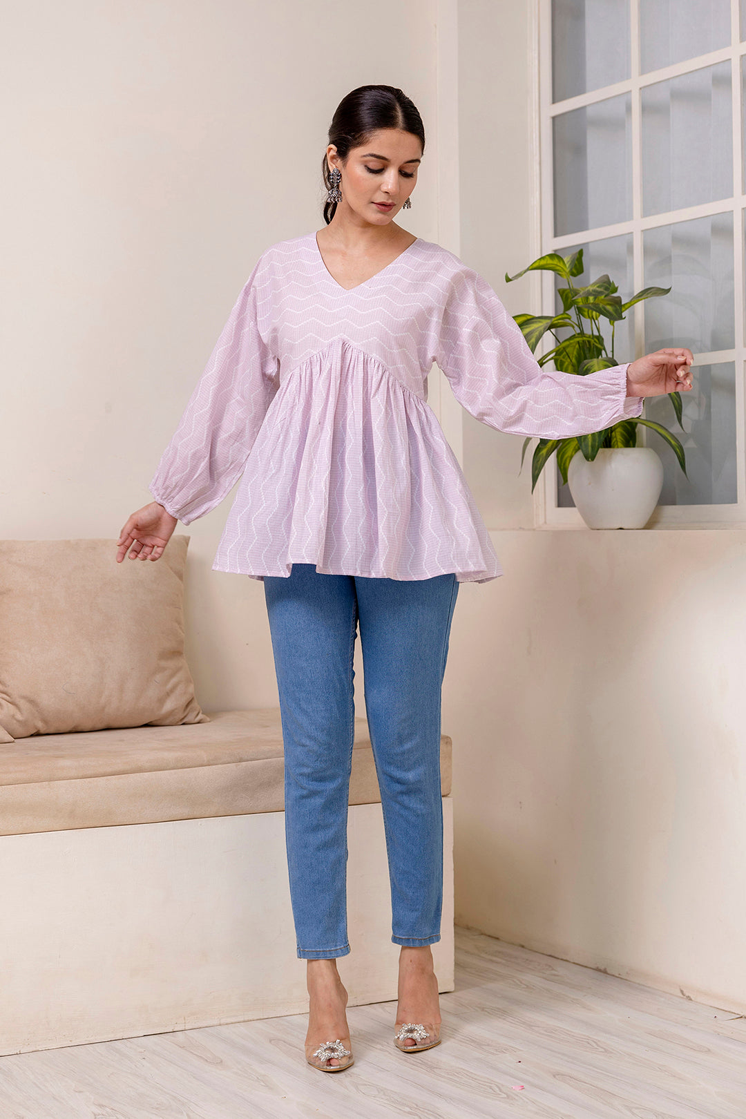 Women Pink Zig Zag Print V-Neck Peplum Tunic | LASVINI - Redefining Indian Fashion with Elegance