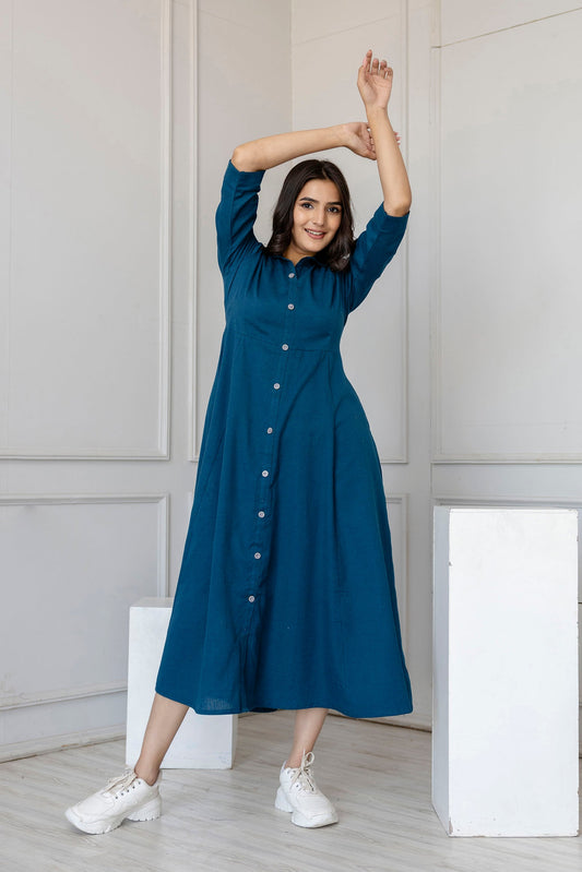 Women Teal Solid Flared Dress With Three Quarter Sleeves | LASVINI - Redefining Indian Fashion with Elegance