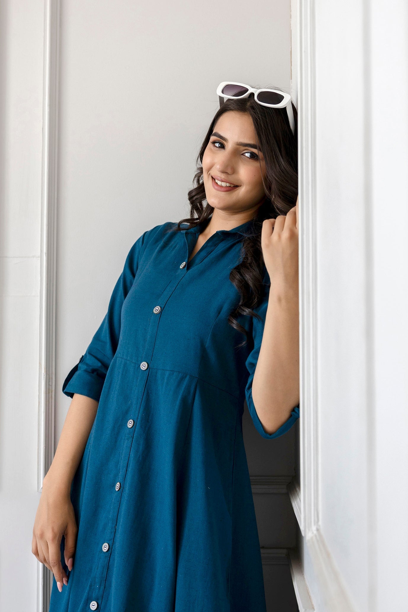 Women Teal Solid Flared Dress With Three Quarter Sleeves | LASVINI - Redefining Indian Fashion with Elegance