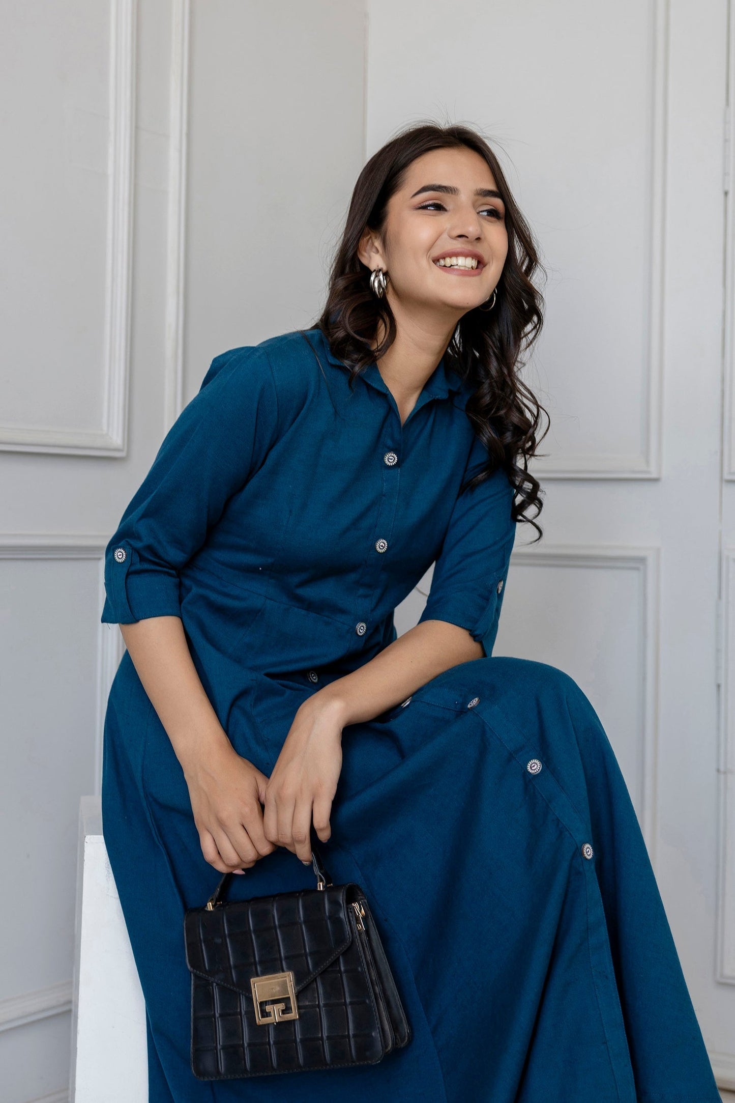 Women Teal Solid Flared Dress With Three Quarter Sleeves | LASVINI - Redefining Indian Fashion with Elegance
