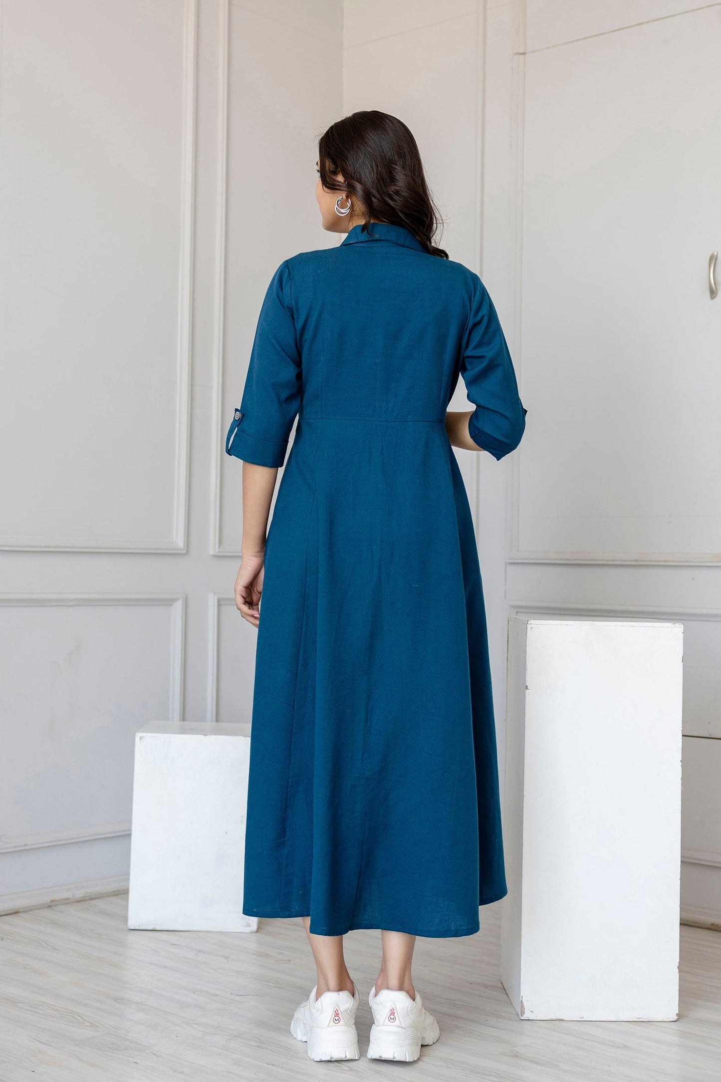 Women Teal Solid Flared Dress With Three Quarter Sleeves | LASVINI - Redefining Indian Fashion with Elegance