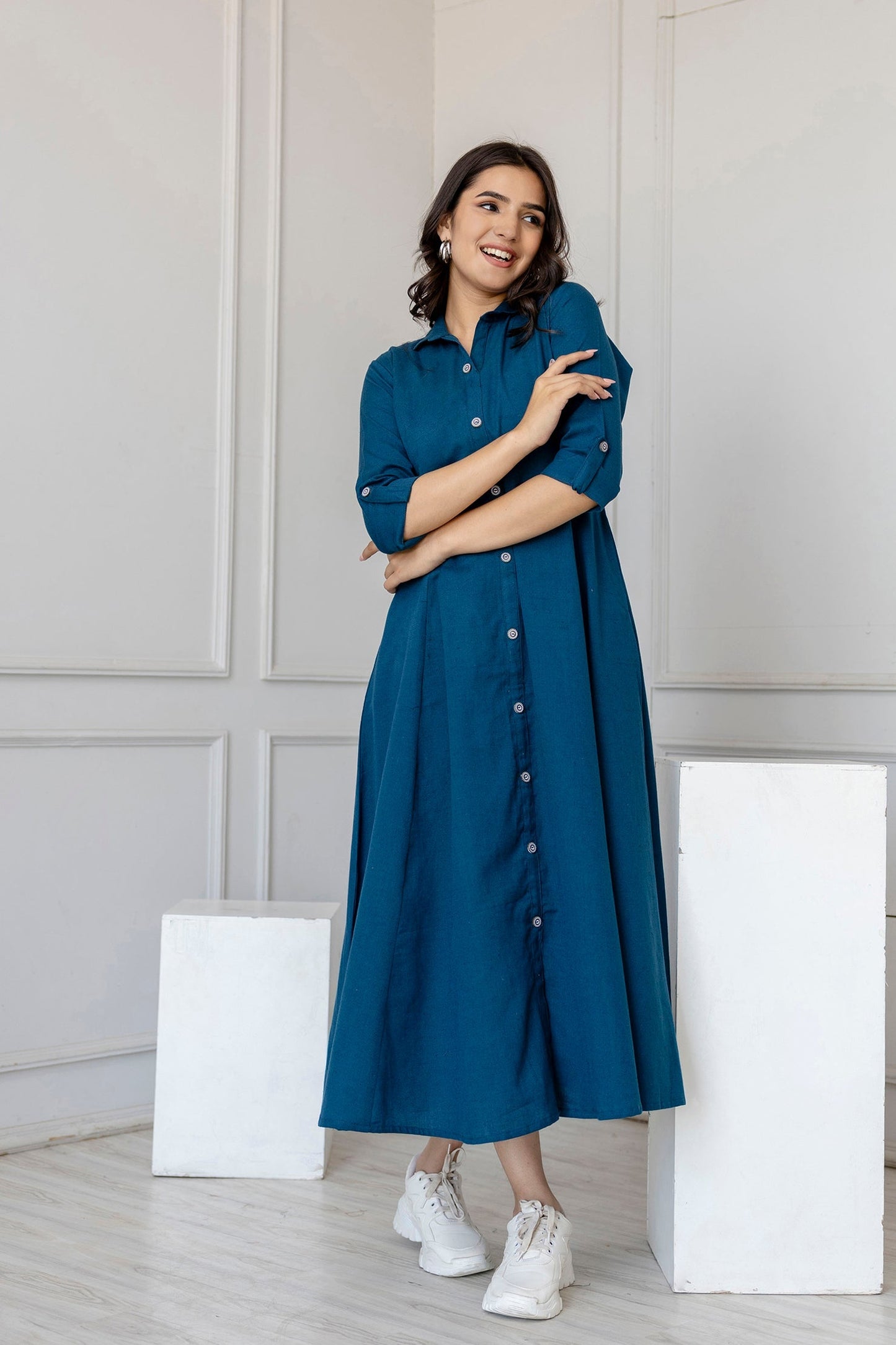 Women Teal Solid Flared Dress With Three Quarter Sleeves | LASVINI - Redefining Indian Fashion with Elegance