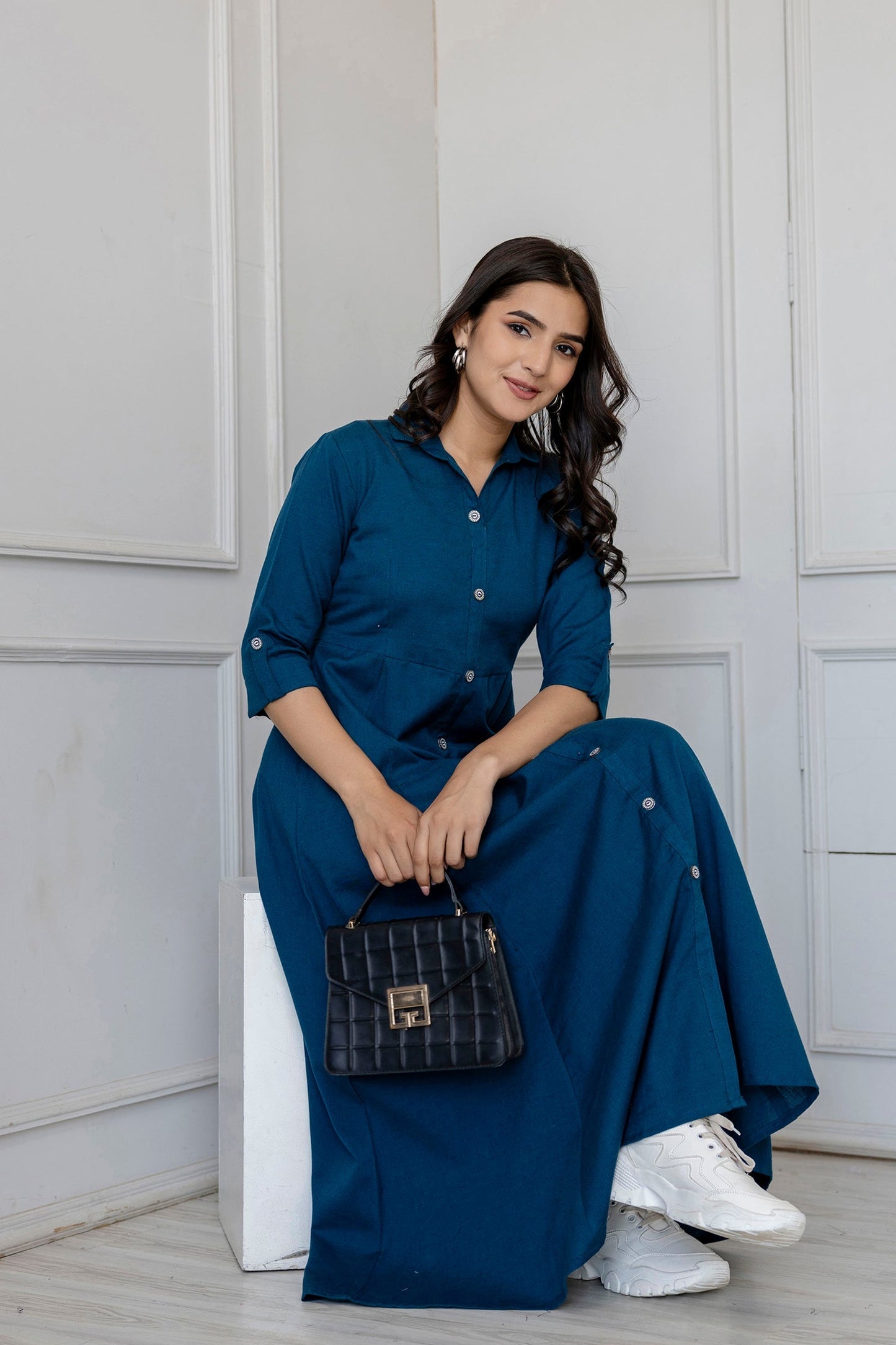 Women Teal Solid Flared Dress With Three Quarter Sleeves | LASVINI - Redefining Indian Fashion with Elegance