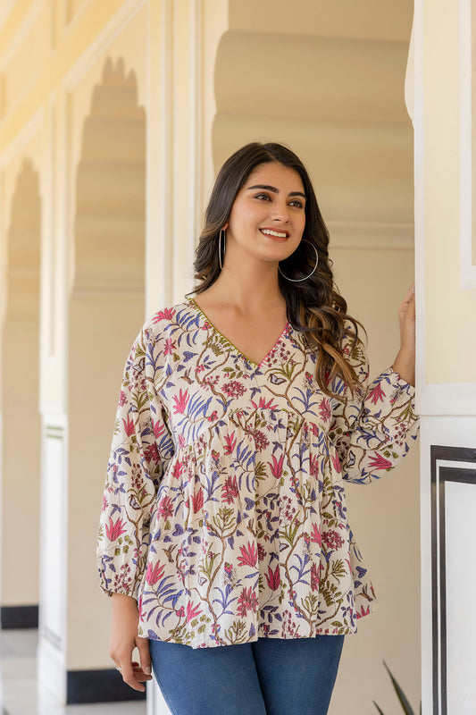 Women Off White Printed V-Neck Peplum Tunic | LASVINI - Redefining Indian Fashion with Elegance