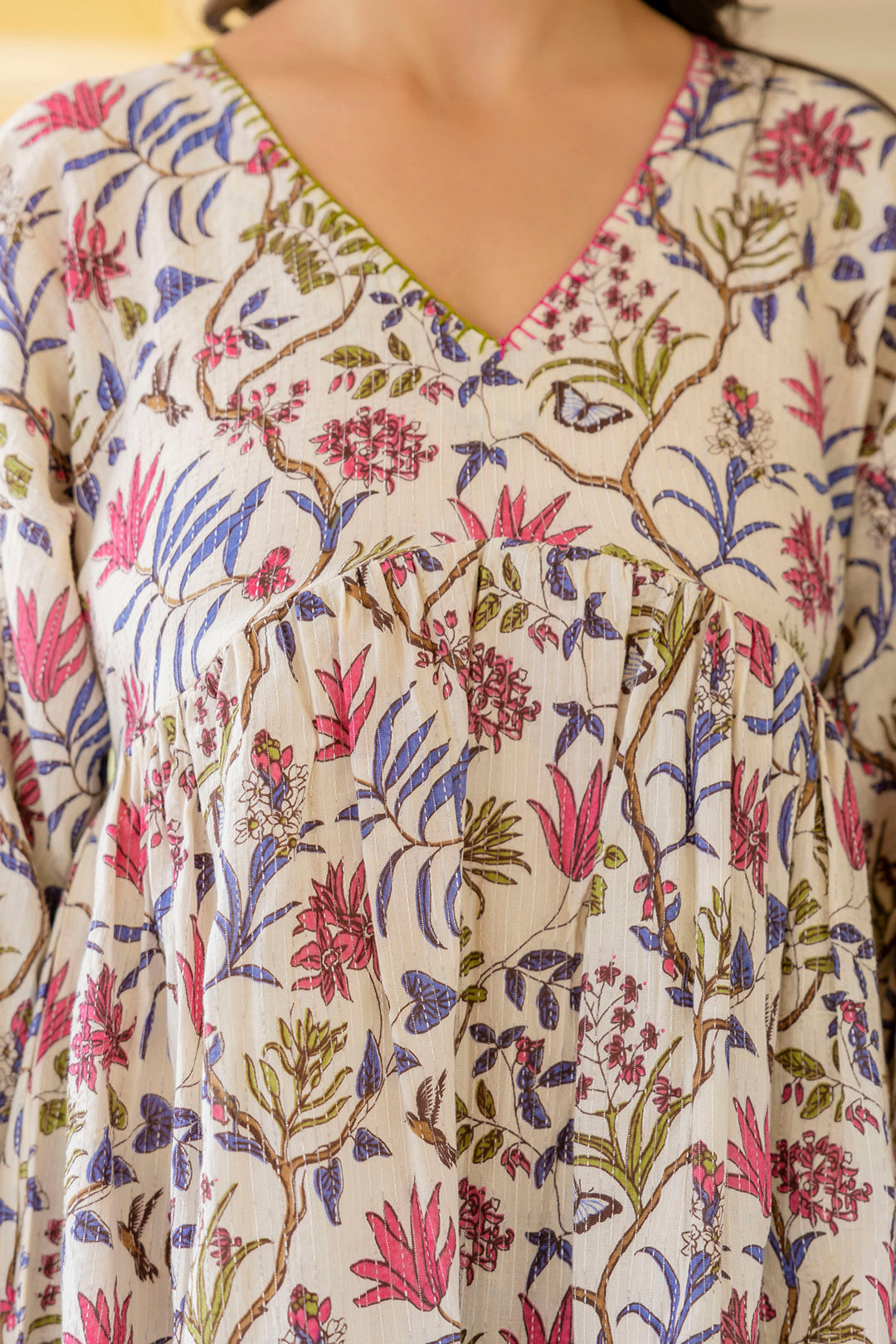 Women Off White Printed V-Neck Peplum Tunic | LASVINI - Redefining Indian Fashion with Elegance