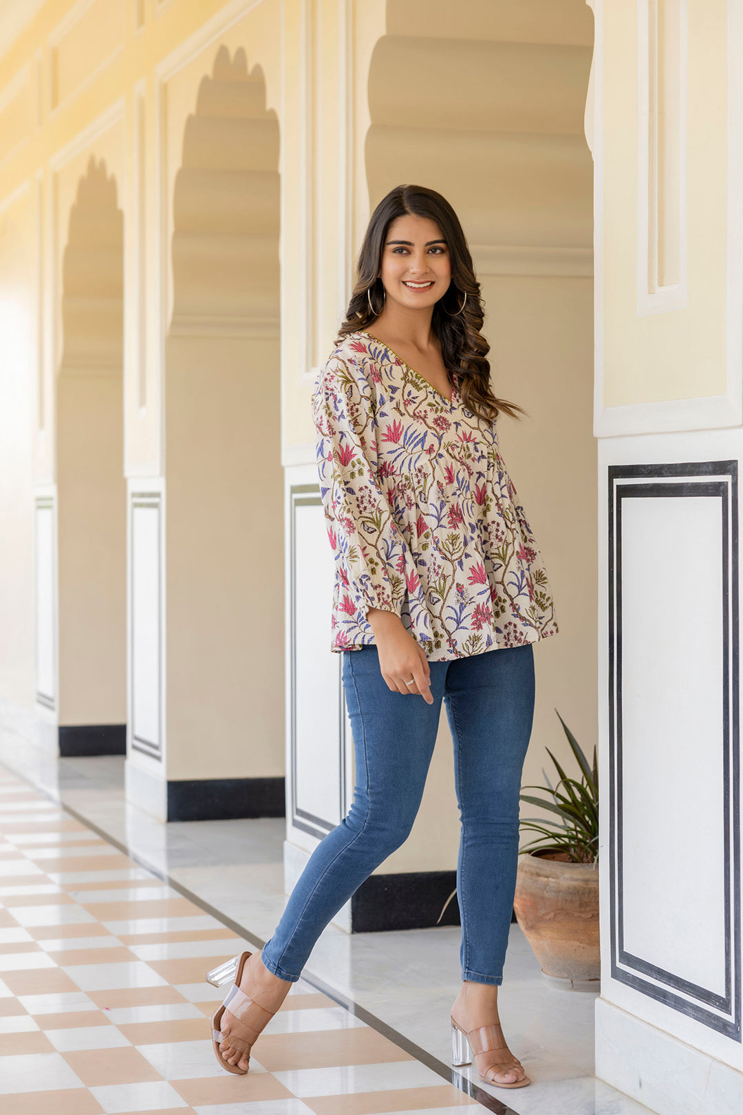 Women Off White Printed V-Neck Peplum Tunic | LASVINI - Redefining Indian Fashion with Elegance