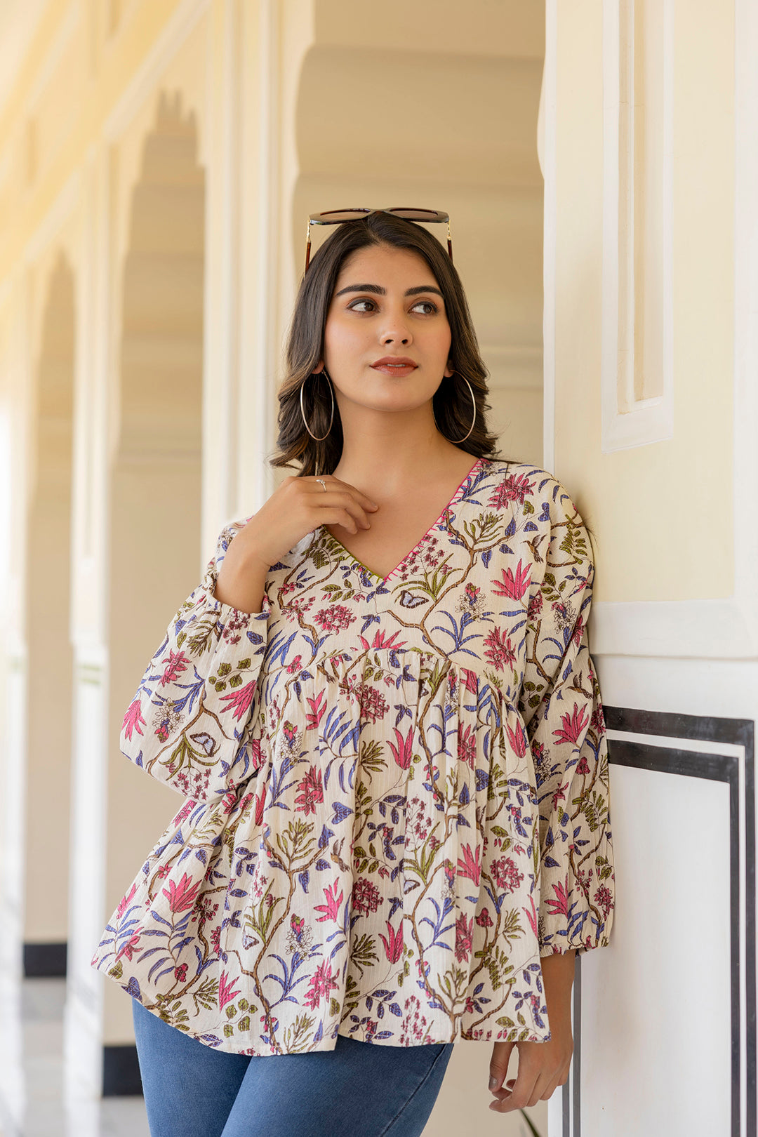 Women Off White Printed V-Neck Peplum Tunic | LASVINI - Redefining Indian Fashion with Elegance