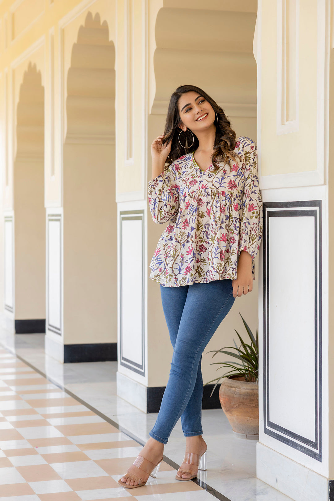 Women Off White Printed V-Neck Peplum Tunic | LASVINI - Redefining Indian Fashion with Elegance