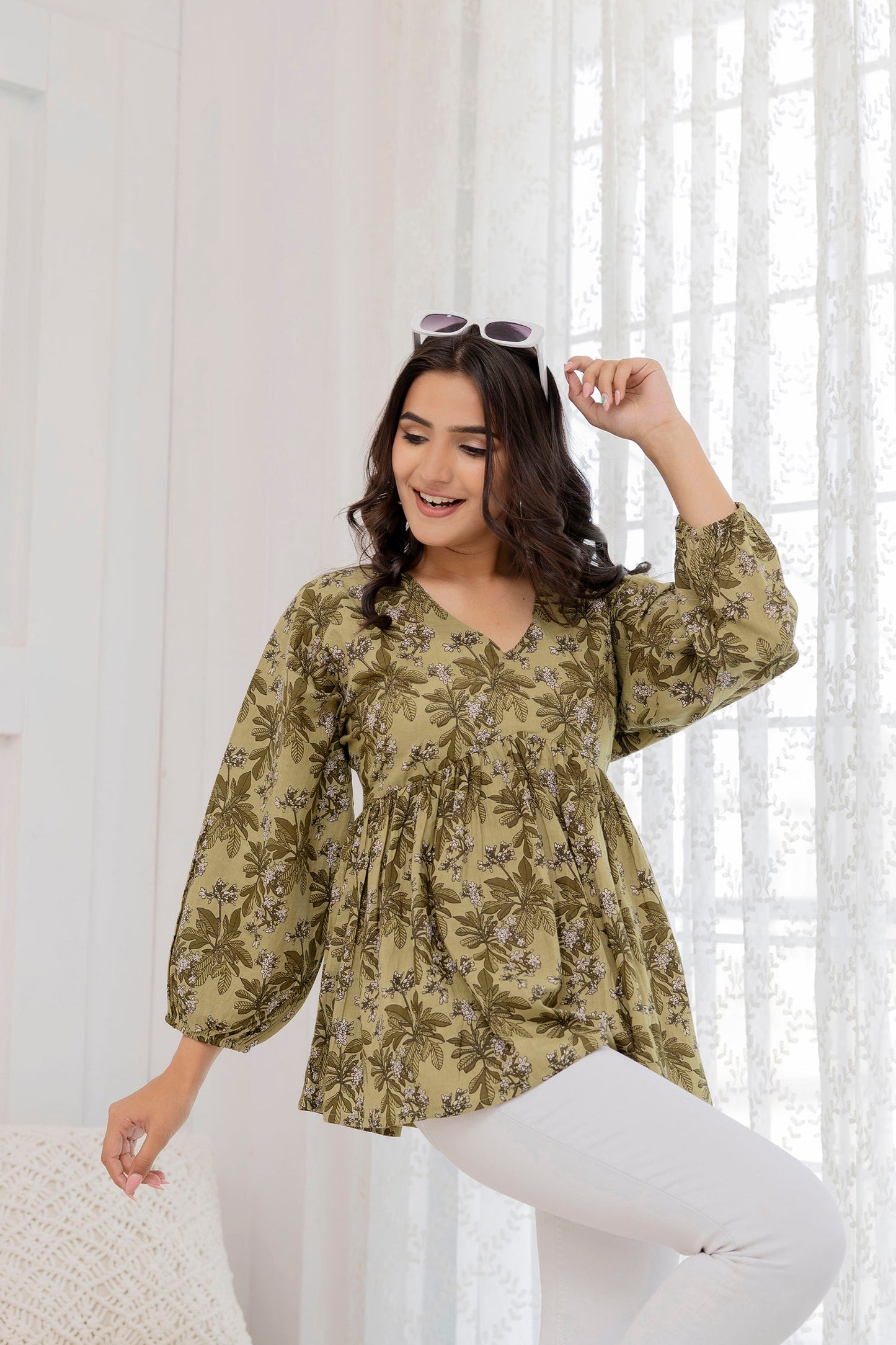 Women Green Printed V-Neck Peplum Tunic | LASVINI - Redefining Indian Fashion with Elegance