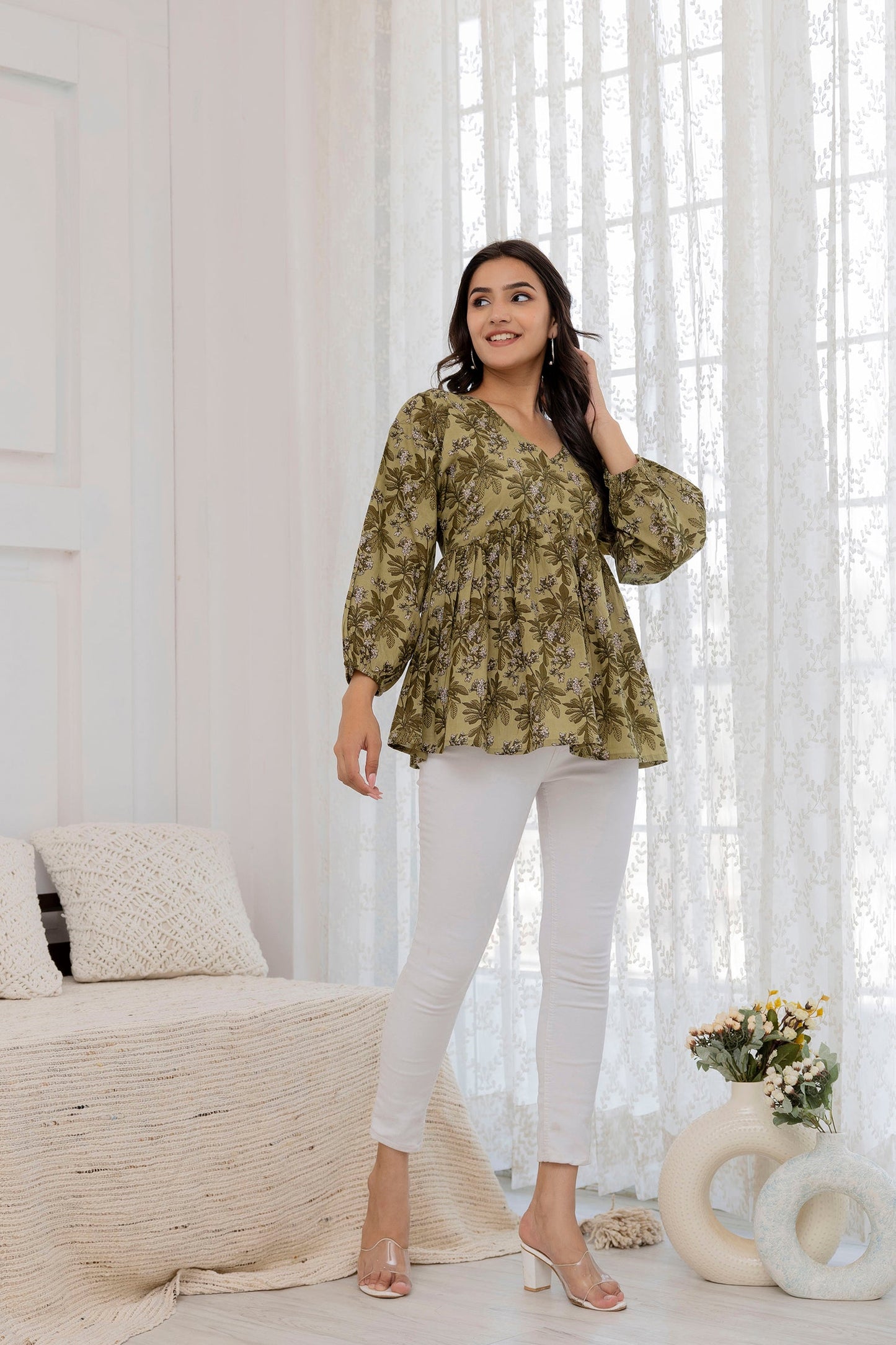 Women Green Printed V-Neck Peplum Tunic | LASVINI - Redefining Indian Fashion with Elegance