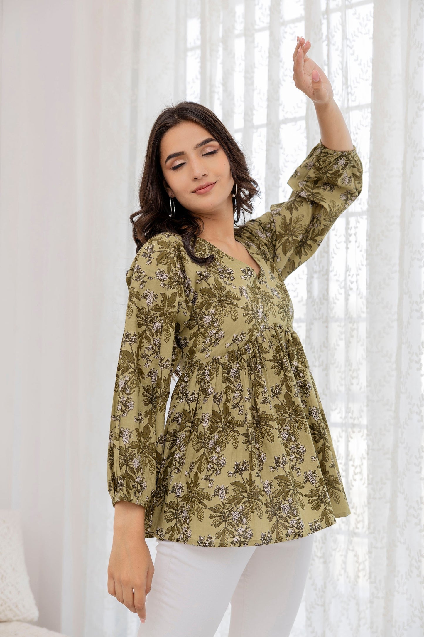 Women Green Printed V-Neck Peplum Tunic | LASVINI - Redefining Indian Fashion with Elegance