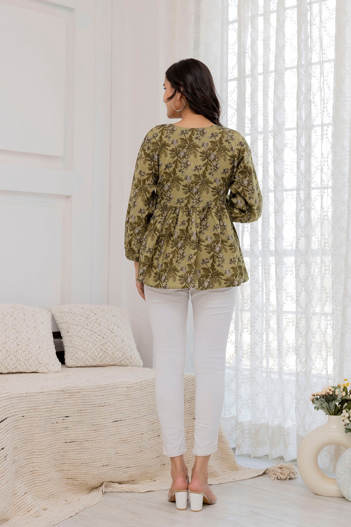 Women Green Printed V-Neck Peplum Tunic | LASVINI - Redefining Indian Fashion with Elegance