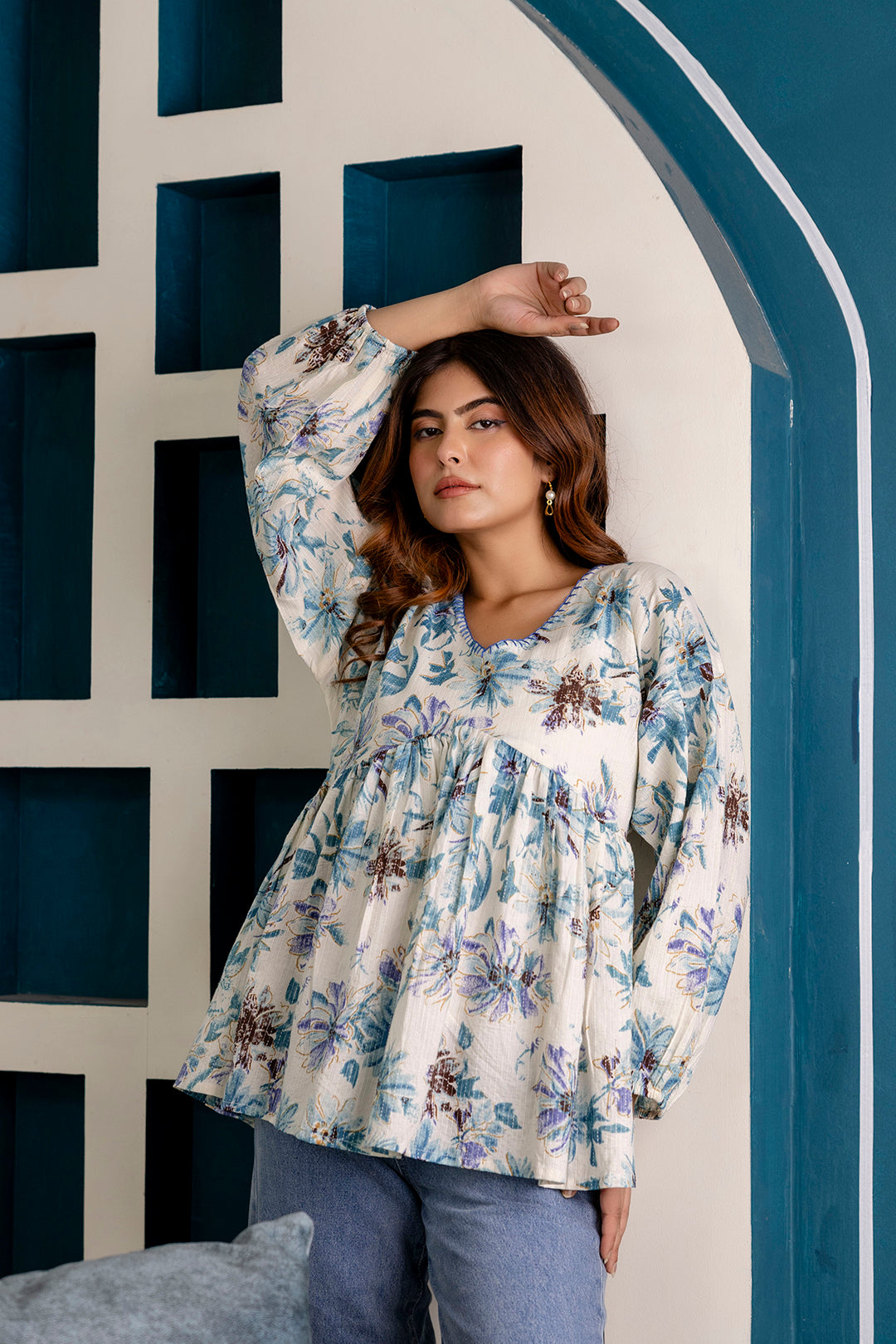 Women Off-White Printed V-Neck Peplum Tunic | LASVINI - Redefining Indian Fashion with Elegance