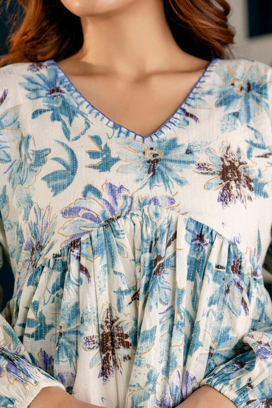 Women Off-White Printed V-Neck Peplum Tunic | LASVINI - Redefining Indian Fashion with Elegance